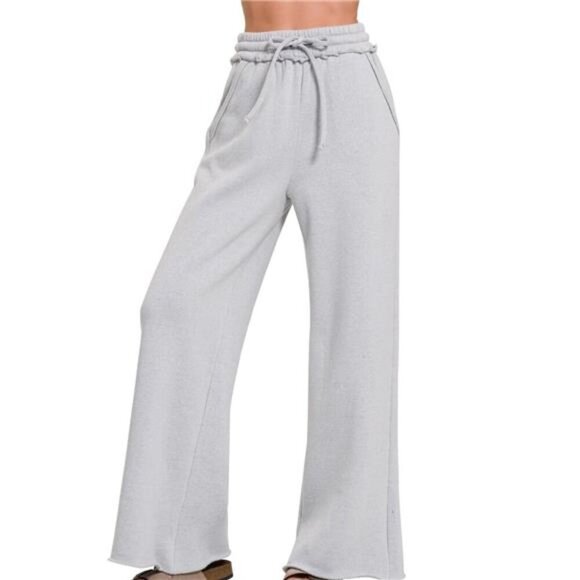 Zenana Fleece Exposed Seam Wide Leg Sweatpants - Picture 1 of 5